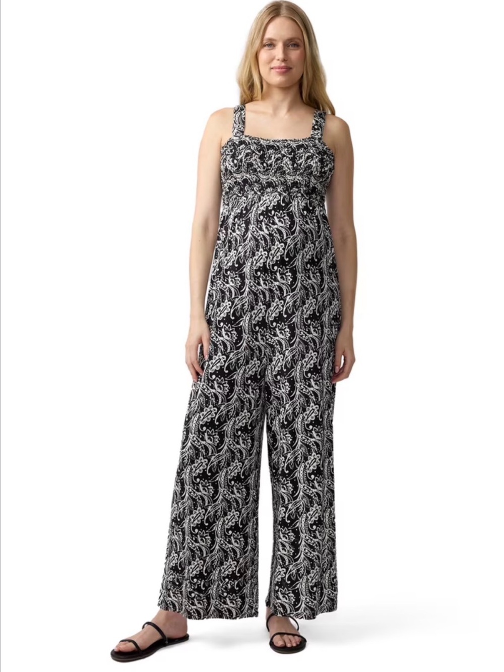 Ingrid & Isabel Black and White Paisley Smocked Jumpsuit medium maternity